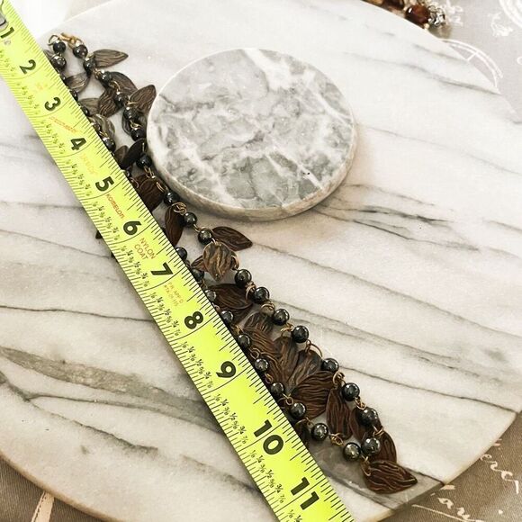 Vintage Copper Dangle Leaf Necklace Handpainted Flames Beaded Chain Unsigned - Picture 8 of 8